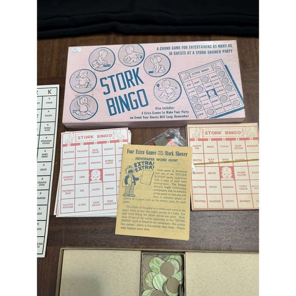 Stork Bingo Pink Vintage 1957 Leister Game Co Baby Shower Party Complete